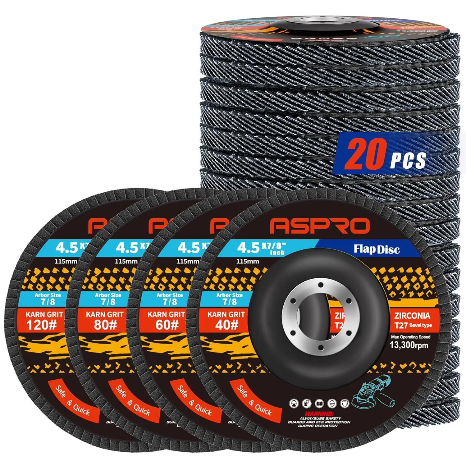 20-Pack 4-1/2" Flap Discs for Angle Grinder, Zirconia Abrasive, Mixed Grit 40/60/80/120, T27, for Metal & Wood
20-Pack 4-1/2" Flap Discs for Angle Grinder, Zirconia Abrasive, Mixed Grit 40/60/80/120, T27, for Metal & Wood