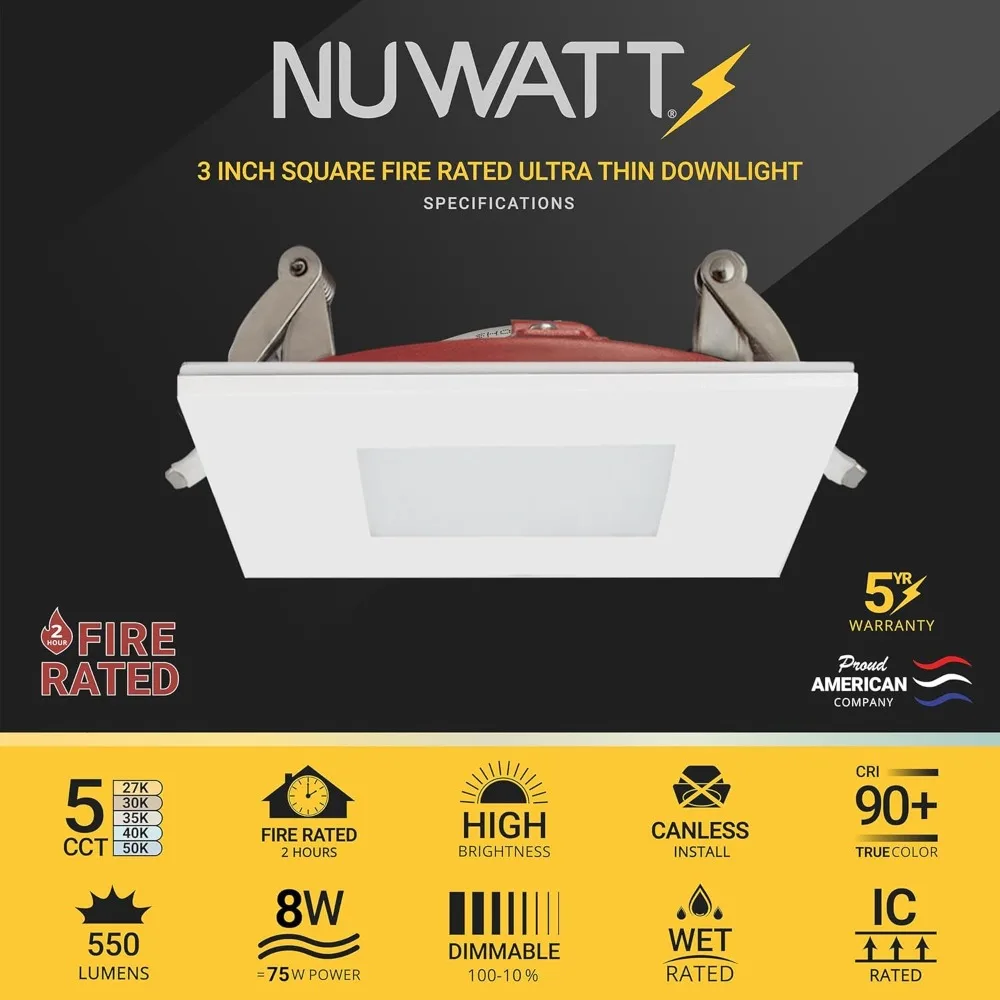 12 Pack, 3 Inch 2 Hour FIRE RATED LED Square Recessed Lighting, 27K/30K/35K/40K/50K Selectable, 550LM Dimmable
12 Pack, 3 Inch 2 Hour FIRE RATED LED Square Recessed Lighting, 27K/30K/35K/40K/50K Selectable, 550LM Dimmable