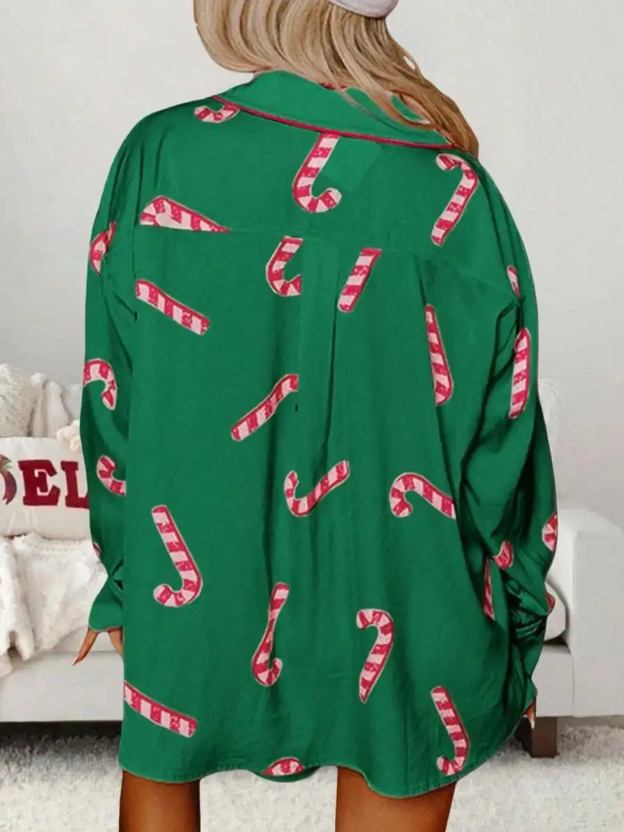 Women Christmas Satin Pajama Set Candy Cane Print Long Sleeve Button Down Shirt And Shorts Holiday Sleepwear Loungewear
Women Christmas Satin Pajama Set Candy Cane Print Long Sleeve Button Down Shirt And Shorts Holiday Sleepwear Loungewear