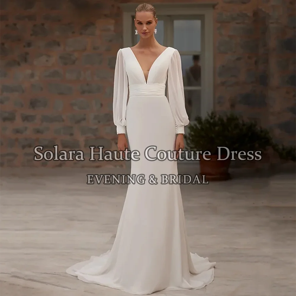 Elegant V Neck Long Sleeve Bridal Dresses Pleated Mermaid Bridal Gown Backless Simple Wedding Dresses For Bride Customized
Elegant V Neck Long Sleeve Bridal Dresses Pleated Mermaid Bridal Gown Backless Simple Wedding Dresses For Bride Customized