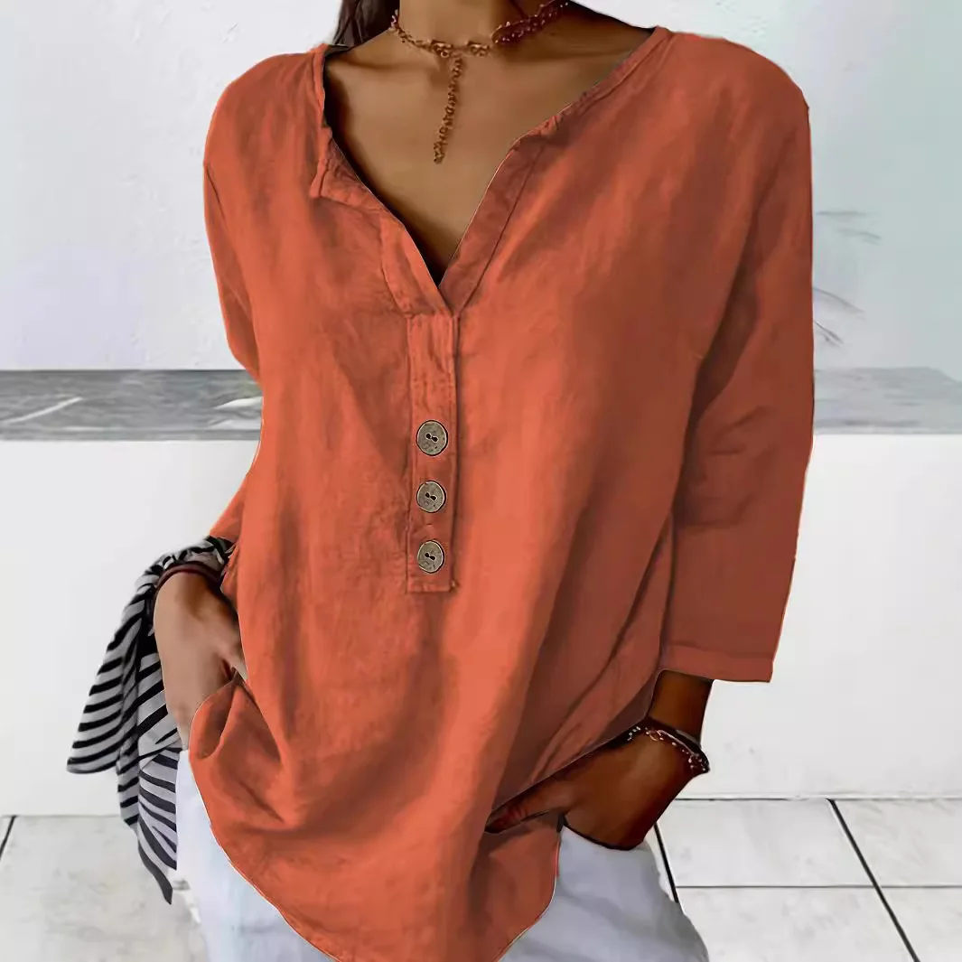 Women's Shirt V-neck 7-point Sleeve Spring Summer Simple Button Solid Color Top Fashion Casual Thin Versatile Basic Pink Blouses
Women's Shirt V-neck 7-point Sleeve Spring Summer Simple Button Solid Color Top Fashion Casual Thin Versatile Basic Pink Blouses