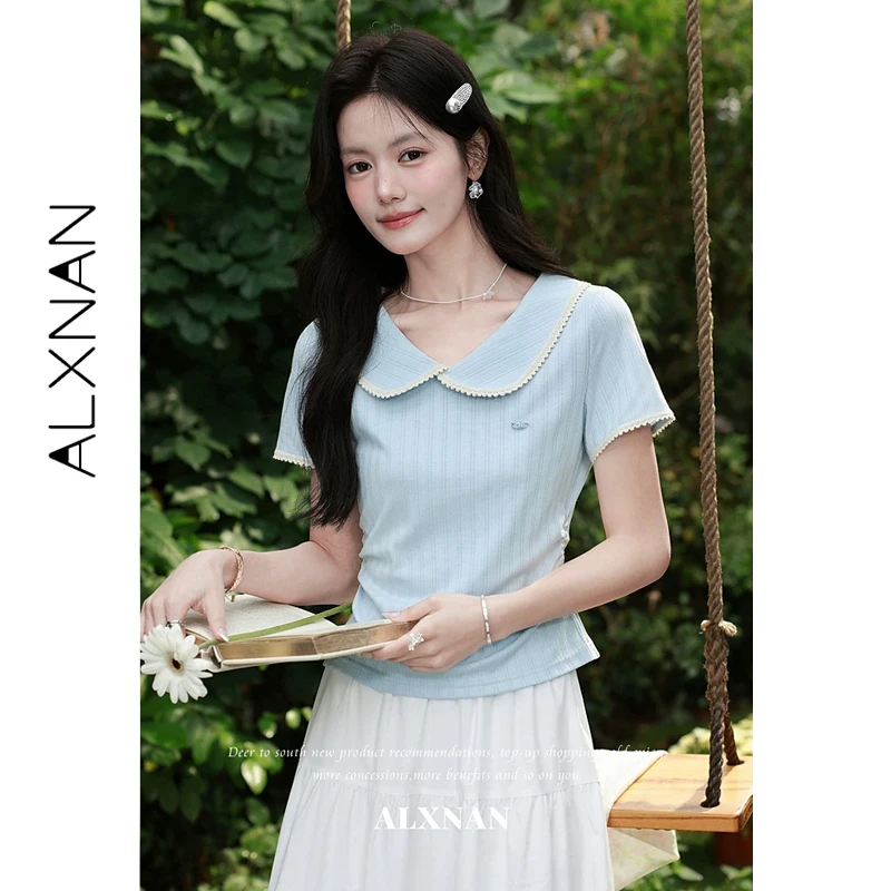ALXNAN Blue T-shirt with Lace Doll Collar Waist Ruched Short Sleeve T-shirts 2026 Summer New Sweet Casual Female Clothing L63303
ALXNAN Blue T-shirt with Lace Doll Collar Waist Ruched Short Sleeve T-shirts 2026 Summer New Sweet Casual Female Clothing L63303