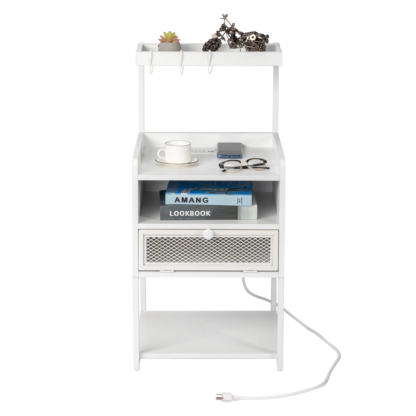 White Wood Steel 1 Drawer Shelf LED Light Strips Nightstand With Socket With Charging Station & USB Ports Bed Table
White Wood Steel 1 Drawer Shelf LED Light Strips Nightstand With Socket With Charging Station & USB Ports Bed Table