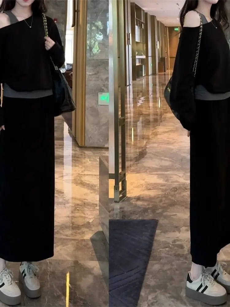 Black Two-Piece Shoulder-Bared Sweatshirt Set Women's High Waist Slimming Skirt Set Korean Style Spring Autumn Fashion
Black Two-Piece Shoulder-Bared Sweatshirt Set Women's High Waist Slimming Skirt Set Korean Style Spring Autumn Fashion