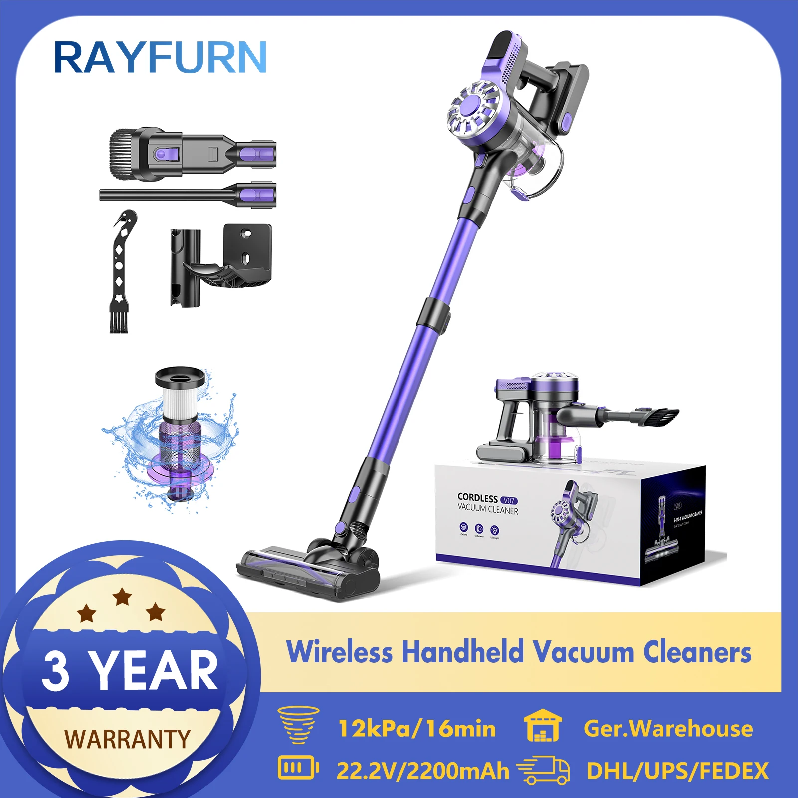 RAYFURN V07 Wireless Handheld Vacuum Cleaners 6000PA Suction Power Cordless Stick Vaccum Cleaner For Pet Home 0.9L Dust Cup
RAYFURN V07 Wireless Handheld Vacuum Cleaners 6000PA Suction Power Cordless Stick Vaccum Cleaner For Pet Home 0.9L Dust Cup