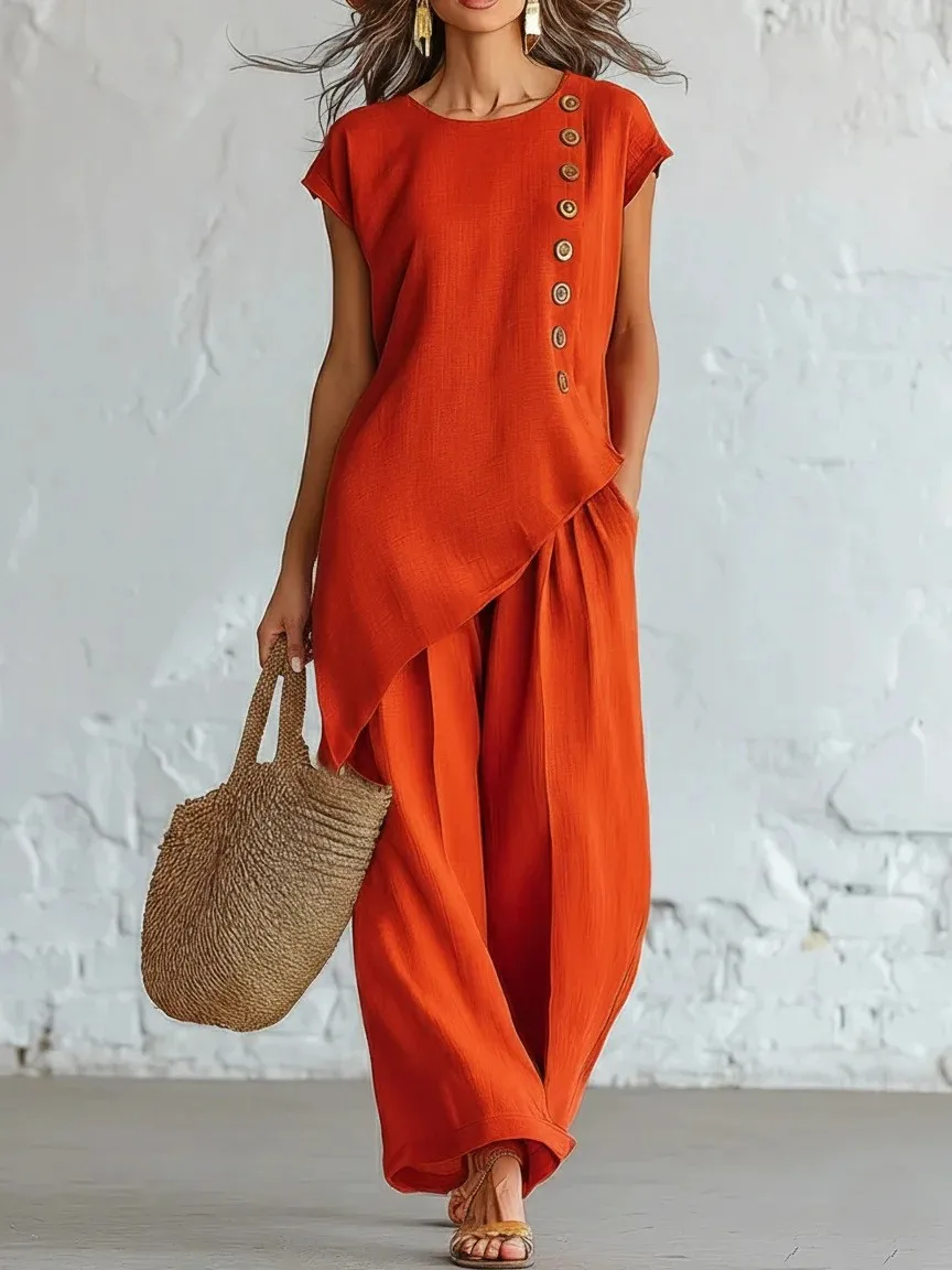 Summer Casual O Neck Button Down Short Sleeve Top Women Loose Wide-leg Trousers Suits Irregular Top Seaside Vacation 2piece Set
Summer Casual O Neck Button Down Short Sleeve Top Women Loose Wide-leg Trousers Suits Irregular Top Seaside Vacation 2piece Set