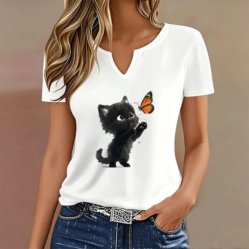 Funny T-shirt Cat Cute V Neck Casual Fashion Butterfly with Cat Printed T Shirts Women Short Sleeve Tee Shirt V-Neck Clothing
Funny T-shirt Cat Cute V Neck Casual Fashion Butterfly with Cat Printed T Shirts Women Short Sleeve Tee Shirt V-Neck Clothing
