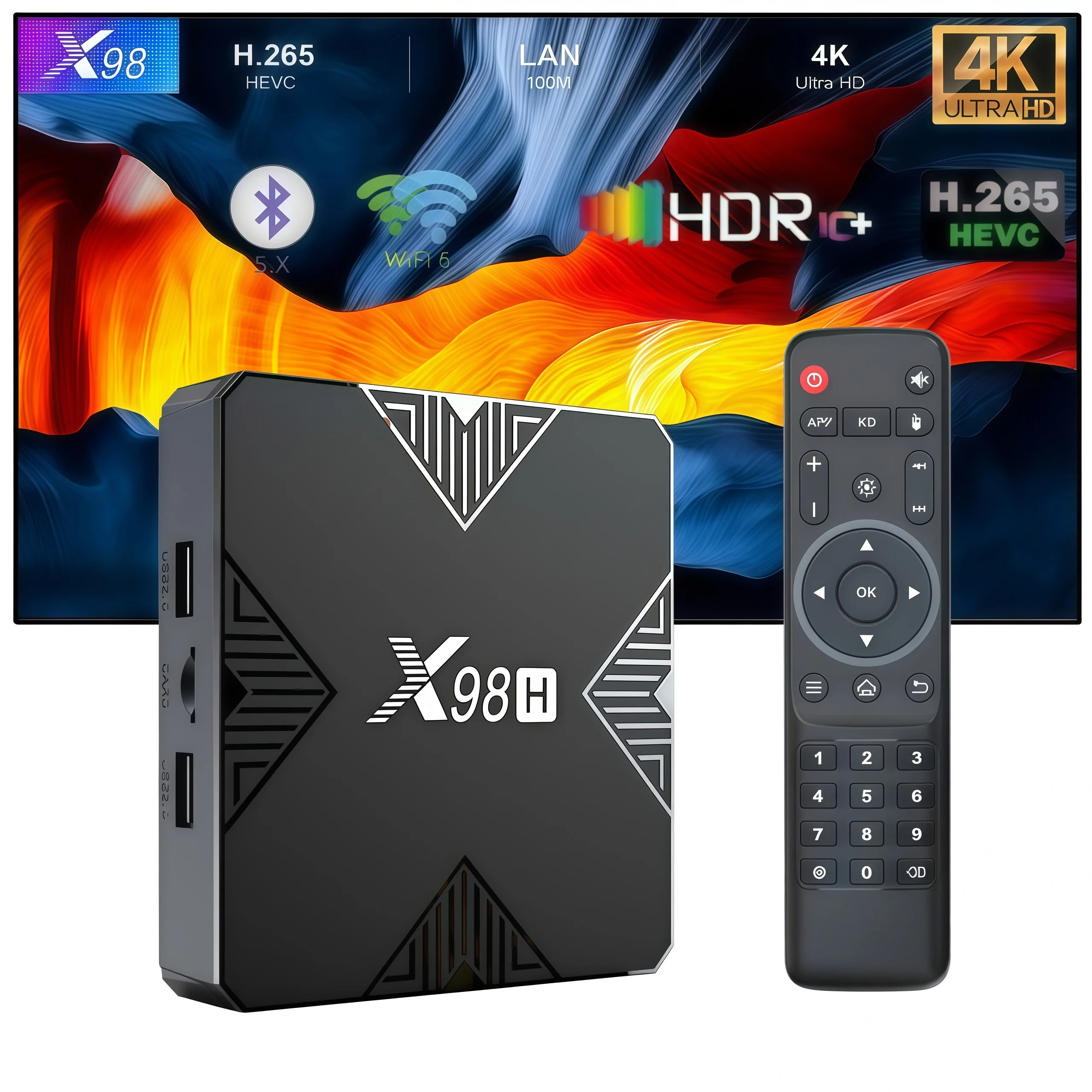 X98H TV Box Android 12,Allwinner H618,Wi-Fi 6,BT5.0,4GB RAM,64GB Storage,4K Decoding,HDR10+,Smart Media Player,Set-Top Box
X98H TV Box Android 12,Allwinner H618,Wi-Fi 6,BT5.0,4GB RAM,64GB Storage,4K Decoding,HDR10+,Smart Media Player,Set-Top Box