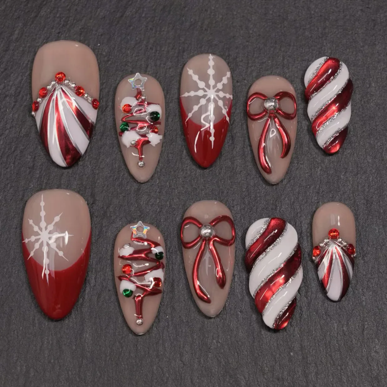 24Pcs Mid-length French Almond Press on Fake Nails 3D Bow Christmas Tree False Nails Snowflake Rhinestone Full Cover Nails Tips
24Pcs Mid-length French Almond Press on Fake Nails 3D Bow Christmas Tree False Nails Snowflake Rhinestone Full Cover Nails Tips