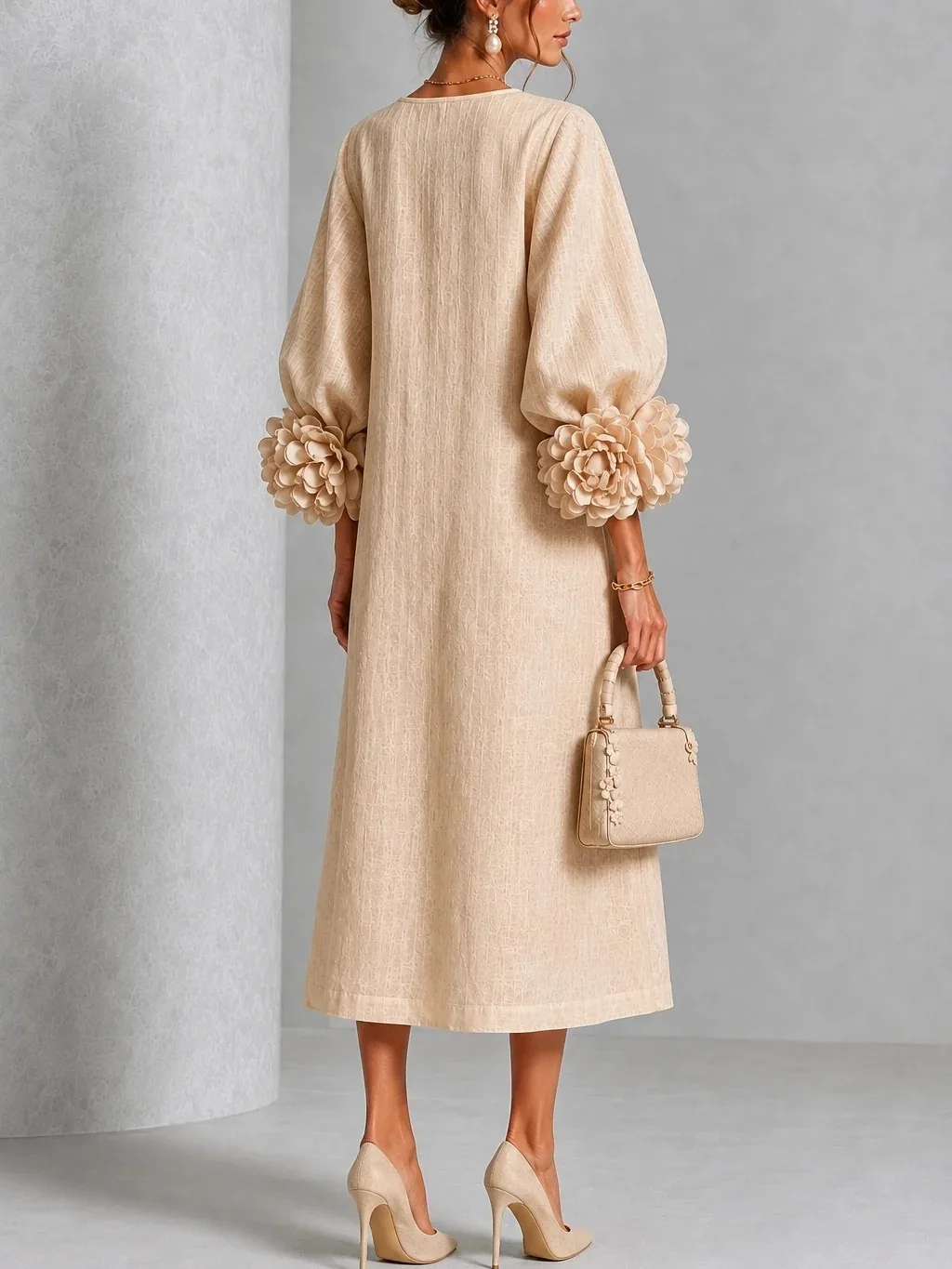 Elegant Women Linen Midi Dress O Neck 3D Floral Lantern Sleeve Button Loose Straight Long Dress Modest Casual Party Dresses 75 S3b980a96345c42c490172b95883bfaa9h