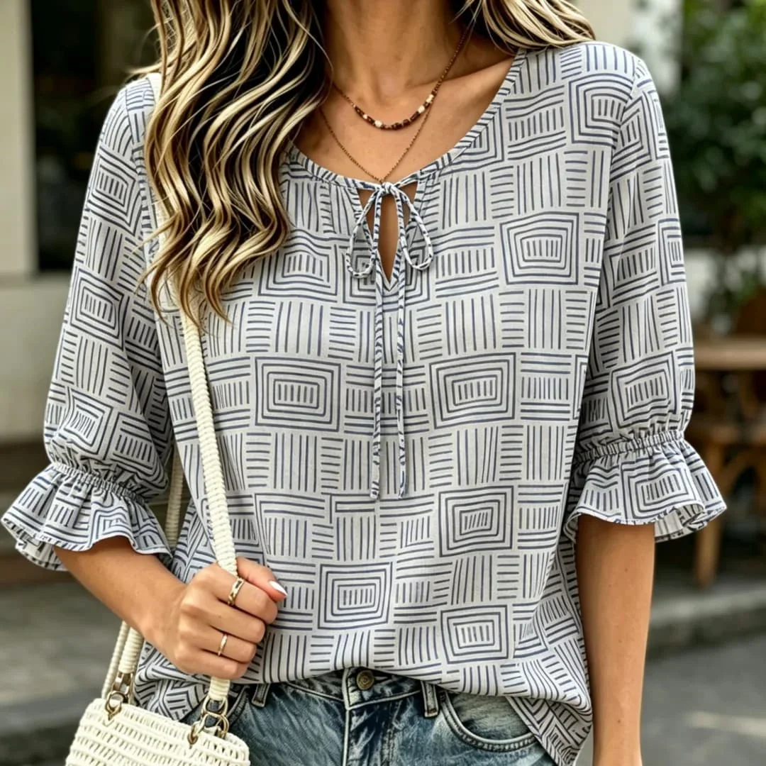 Women's Geometric Print Tie Neck Blouse Ruffle Half Sleeve Casual Loose Fit Summer Top
Women's Geometric Print Tie Neck Blouse Ruffle Half Sleeve Casual Loose Fit Summer Top