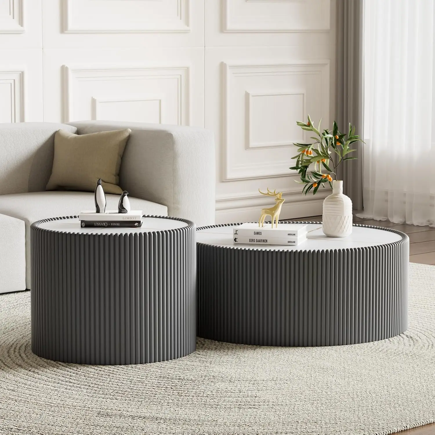 Round Grey 2-Piece Coffee Table Set 29.5in & 17.7in Sintered Stone Top Fluted PU Leather Base Living Room, Customized
Round Grey 2-Piece Coffee Table Set 29.5in & 17.7in Sintered Stone Top Fluted PU Leather Base Living Room, Customized