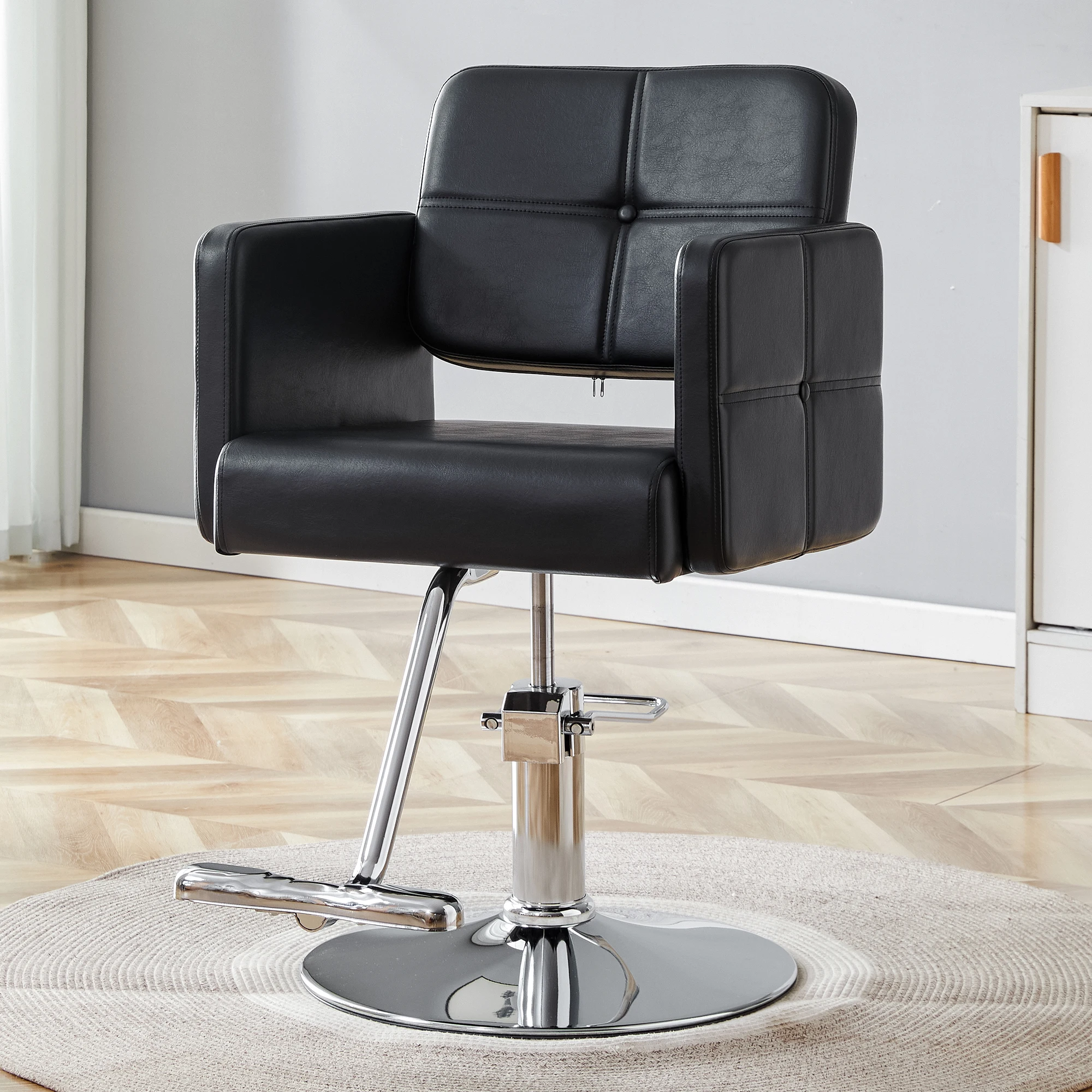 Fashionable Durable Modern Black PU Leather Barber Chair Silver Metal Support Legs Adjustable Rotatable Single Chair Workshop
Fashionable Durable Modern Black PU Leather Barber Chair Silver Metal Support Legs Adjustable Rotatable Single Chair Workshop