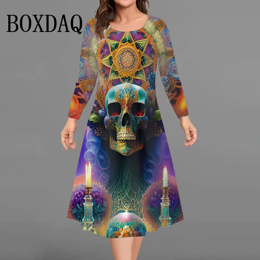 Модное женское платье с 3D градиентным принтом черепа, платье для Хэллоуина 2025 года, свободное повседневное платье трапециевидной формы с длинным рукавом и круглым вырезом, большие размеры 
Модное женское платье с 3D градиентным принтом черепа, платье для Хэллоуина 2025 года, свободное повседневное платье трапециевидной формы с длинным рукавом и круглым вырезом, большие размеры