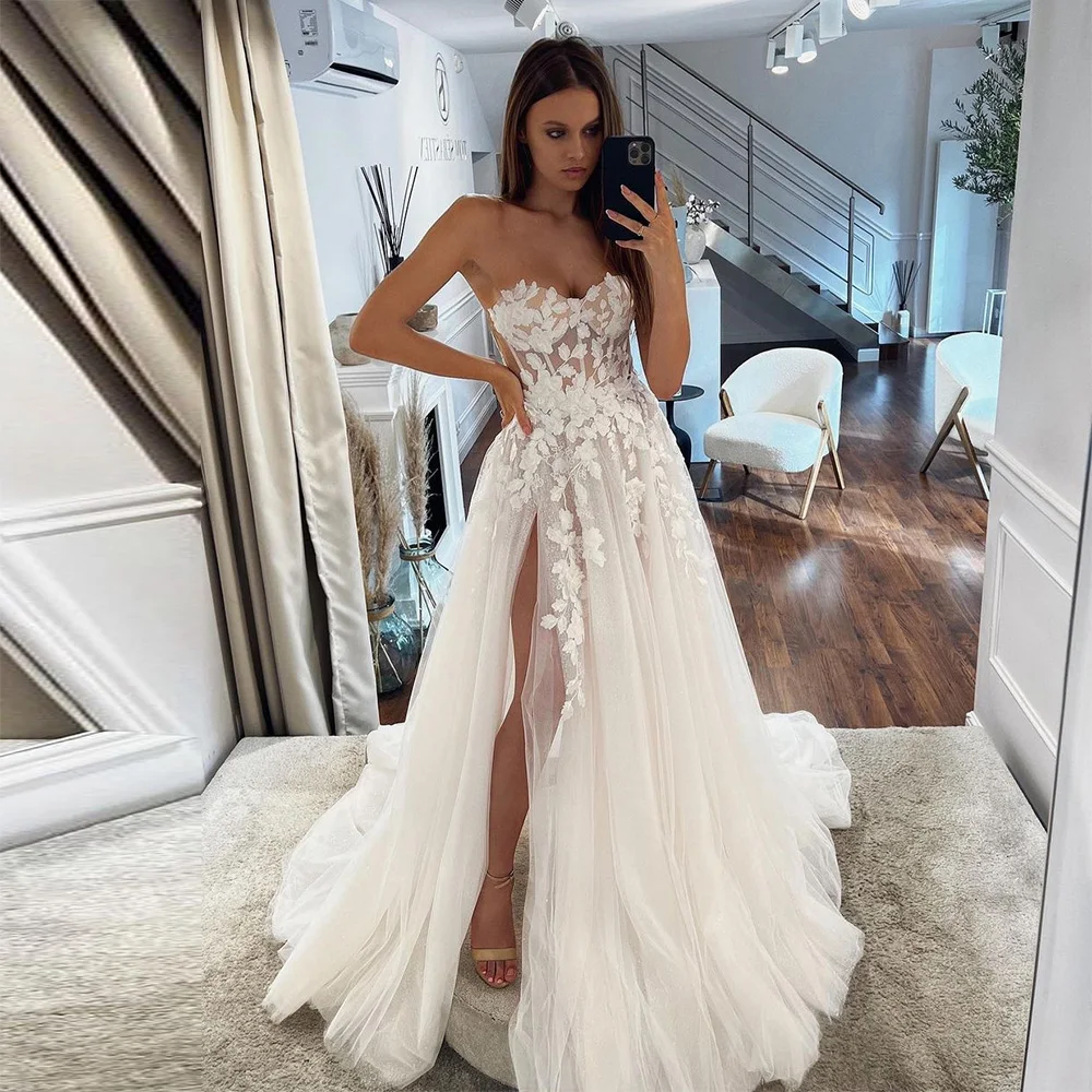 Sevintage Boho Wedding Dresses Lace Appliques Sweetheart Sleeveless High Side Split A-Line Wedding Gown Bohemia Bridal Gown
Sevintage Boho Wedding Dresses Lace Appliques Sweetheart Sleeveless High Side Split A-Line Wedding Gown Bohemia Bridal Gown