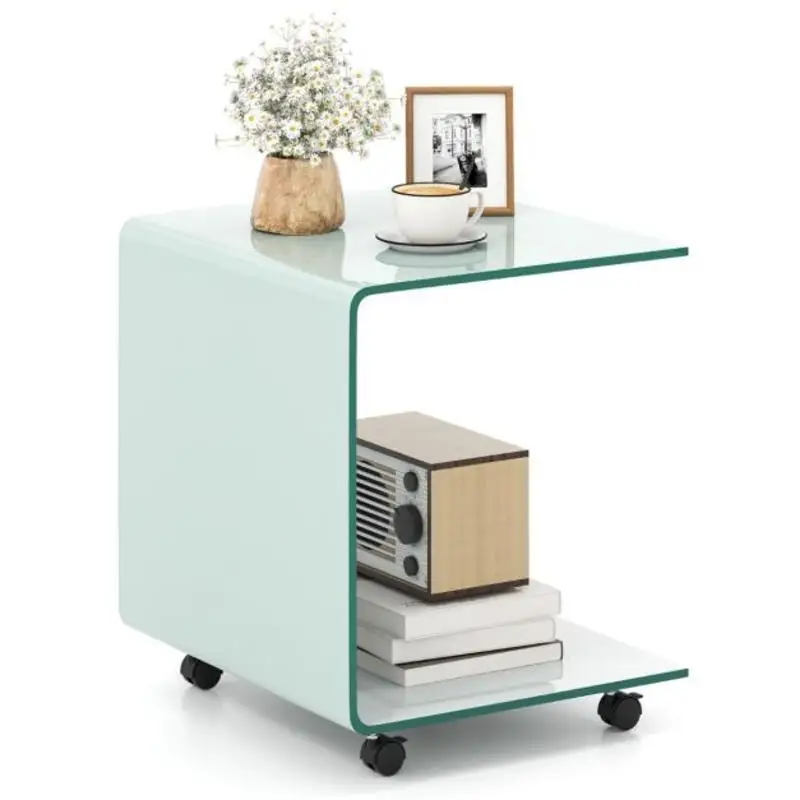 C-Shaped End Table Modern Tempered Glass Side Table with Shelf-White
C-Shaped End Table Modern Tempered Glass Side Table with Shelf-White