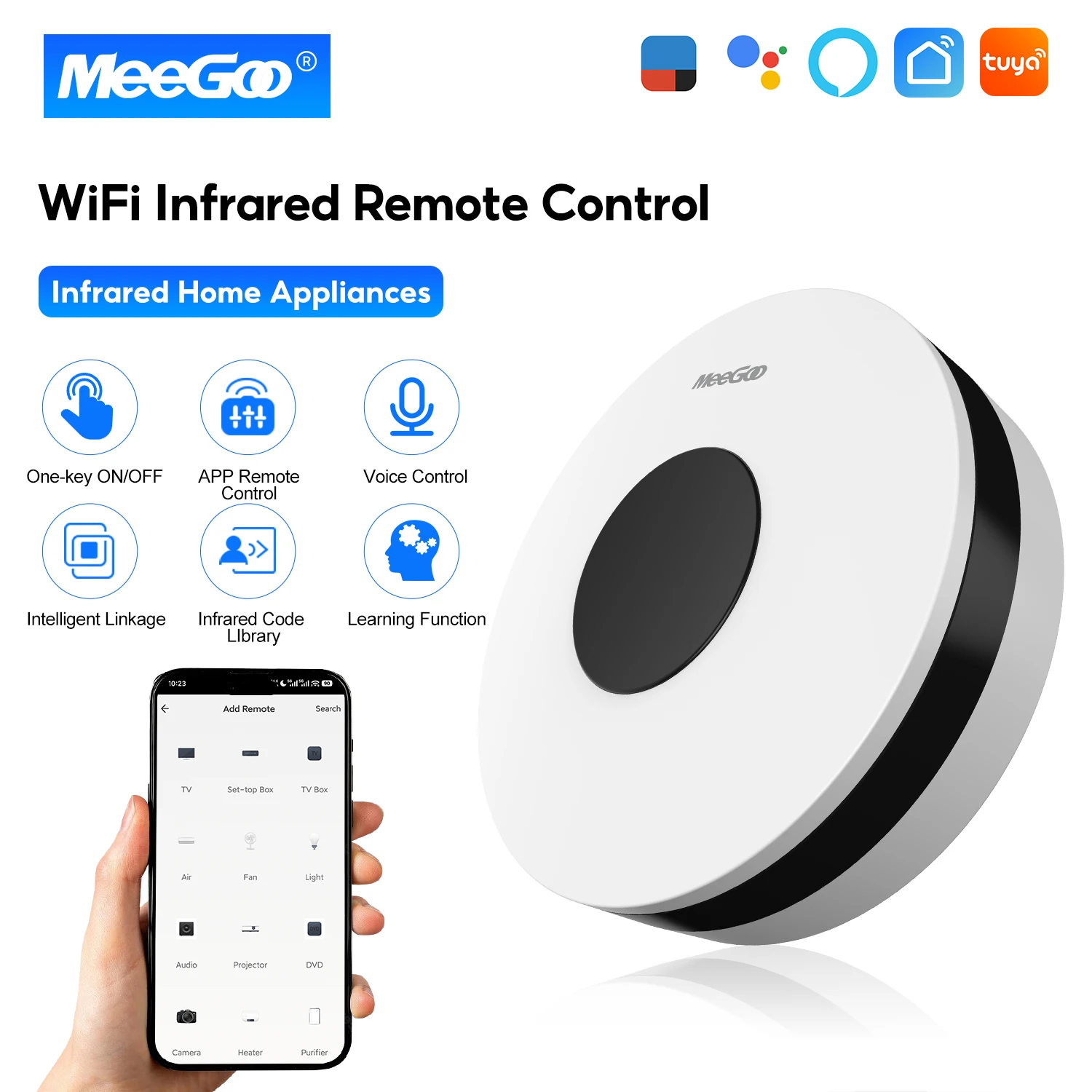 MeeGoo WiFi Smart Home IR Blaster, Alexa Google Home Voice Control, All-in-One APP Controller for TV AC Fan, DIY Learning, USB P
MeeGoo WiFi Smart Home IR Blaster, Alexa Google Home Voice Control, All-in-One APP Controller for TV AC Fan, DIY Learning, USB P