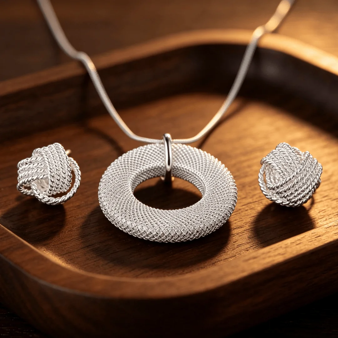 Hot Charms Jewelry Sets 925 Sterling Silver Gorgeous Woven Mesh Circle Necklace Earrings Stud for Women Fashion Christmas Gifts
Hot Charms Jewelry Sets 925 Sterling Silver Gorgeous Woven Mesh Circle Necklace Earrings Stud for Women Fashion Christmas Gifts