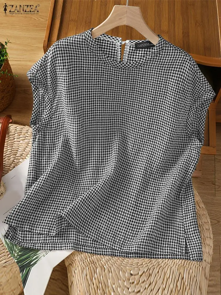 ZANZEA 2022, женская клетчатая блузка, летние рубашки с принтом, модные топы без рукавов, туника с круглым вырезом в клетку, элегантные рабочие футболки Blusas
ZANZEA 2022, женская клетчатая блузка, летние рубашки с принтом, модные топы без рукавов, туника с круглым вырезом в клетку, элегантные рабочие футболки Blusas