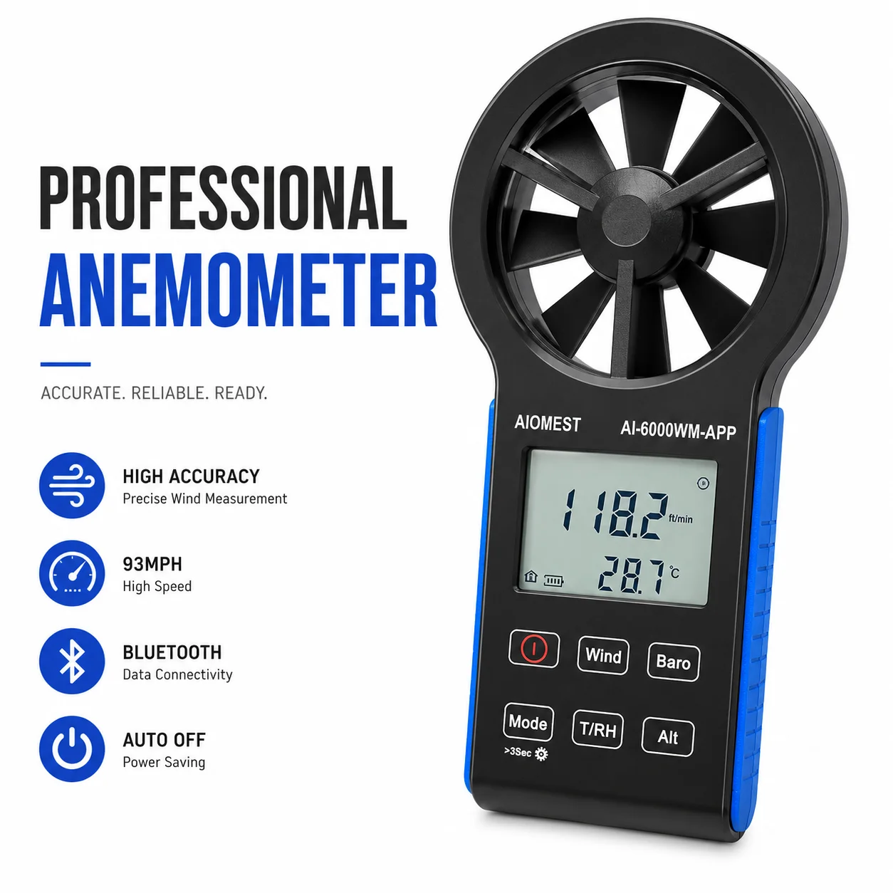 Bluetooth 7‑in‑1 Anemometer Air Pressure Temperature Humidity Dew Point Windchill Altimeter Meter App Connected for HVAC Drone
Bluetooth 7‑in‑1 Anemometer Air Pressure Temperature Humidity Dew Point Windchill Altimeter Meter App Connected for HVAC Drone