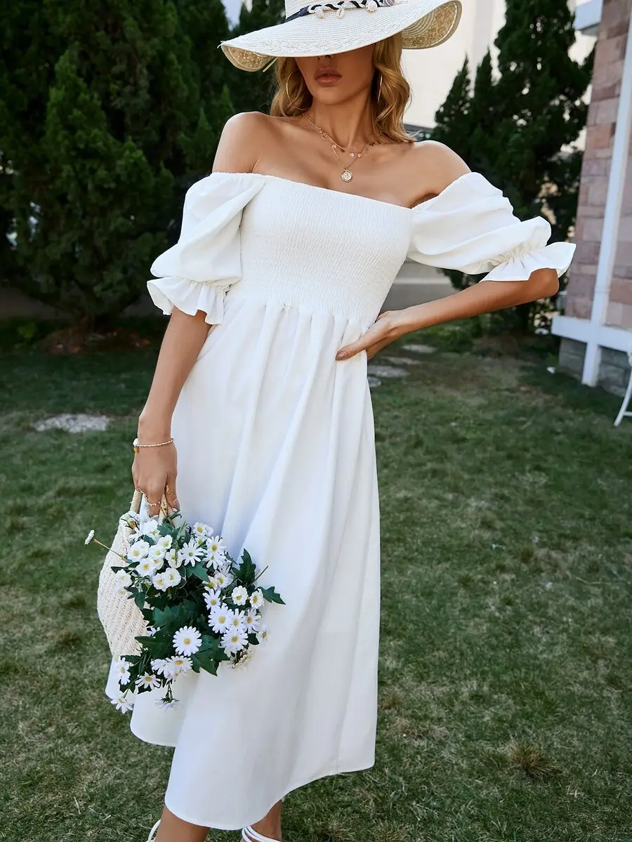 Off Shoulder Shirred Puff Sleeve A-Line Midi Dress Vacation Summer Outfit
Off Shoulder Shirred Puff Sleeve A-Line Midi Dress Vacation Summer Outfit