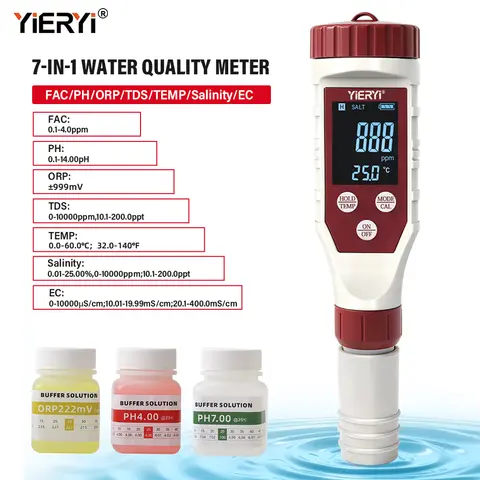 YiERYI 7-In-1 Water Quality Tester FAC PH ORP TDS Salinity EC TEMP Digital Pen For Pool Aquarium Drinking Water IP67 Waterproof