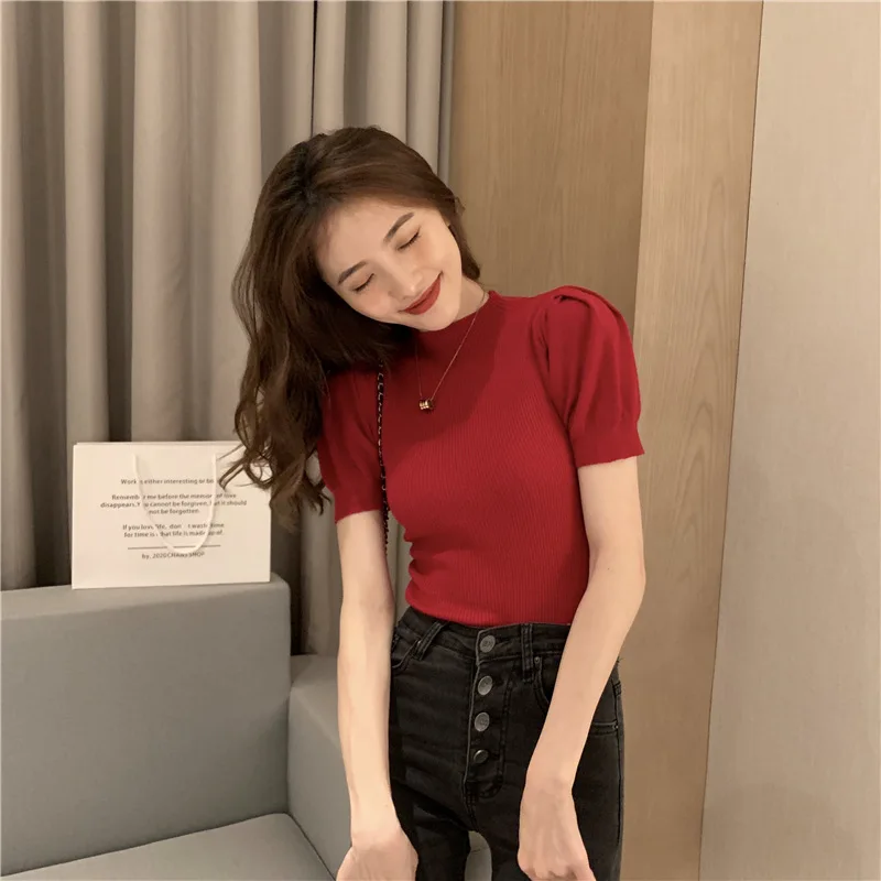 Summer 2026 Women's Short Sleeve Knitted Top Short Bubble Sleeve Half High Collar Base Shirt Korean Style Soft Fit round Neck
Summer 2026 Women's Short Sleeve Knitted Top Short Bubble Sleeve Half High Collar Base Shirt Korean Style Soft Fit round Neck