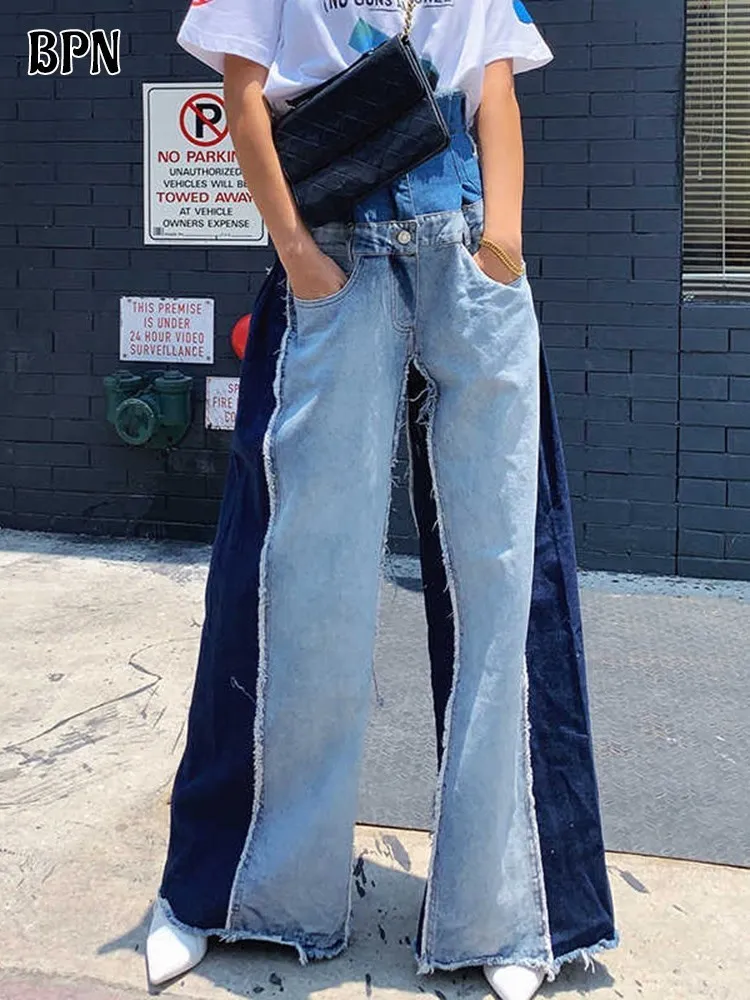 BPN Streetwear Patchwork Denim Pants For Women High Waist Tunic Hit Color Straight Wide Leg Jeans Female Fashion Clothing 2023
BPN Streetwear Patchwork Denim Pants For Women High Waist Tunic Hit Color Straight Wide Leg Jeans Female Fashion Clothing 2023