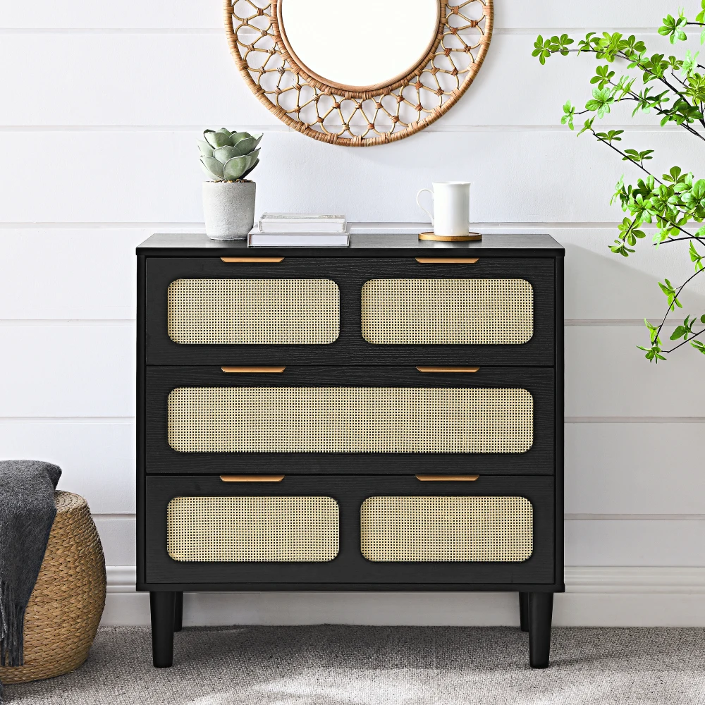 3 Drawer Dresser, Modern Rattan Dresser Cabinet with Wide Drawers and Metal Handles, Farmhouse Wooden Storage Chest of Drawers 
3 Drawer Dresser, Modern Rattan Dresser Cabinet with Wide Drawers and Metal Handles, Farmhouse Wooden Storage Chest of Drawers