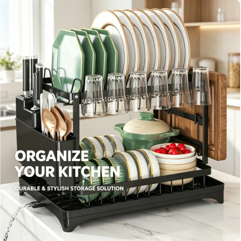 Premium Rustproof Large Capacity 2-Tier Metal Dish Drying Rack with Drain Tray for Kitchen Countertop Organizer
Premium Rustproof Large Capacity 2-Tier Metal Dish Drying Rack with Drain Tray for Kitchen Countertop Organizer