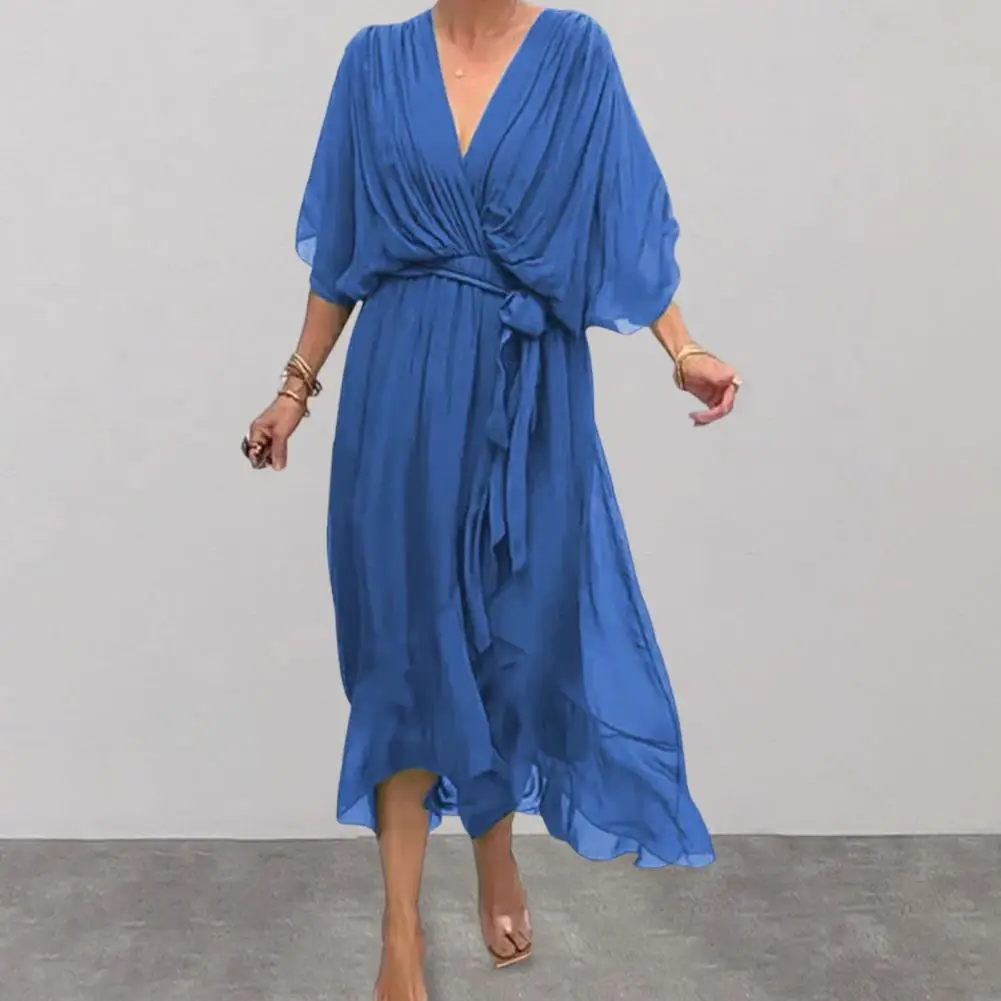 V-neck Long Dress Elegant V Neck Lace-up Midi Dress with Bat Sleeves Ruffle Hem Women's Pleated High Waist Solid for Dating
V-neck Long Dress Elegant V Neck Lace-up Midi Dress with Bat Sleeves Ruffle Hem Women's Pleated High Waist Solid for Dating