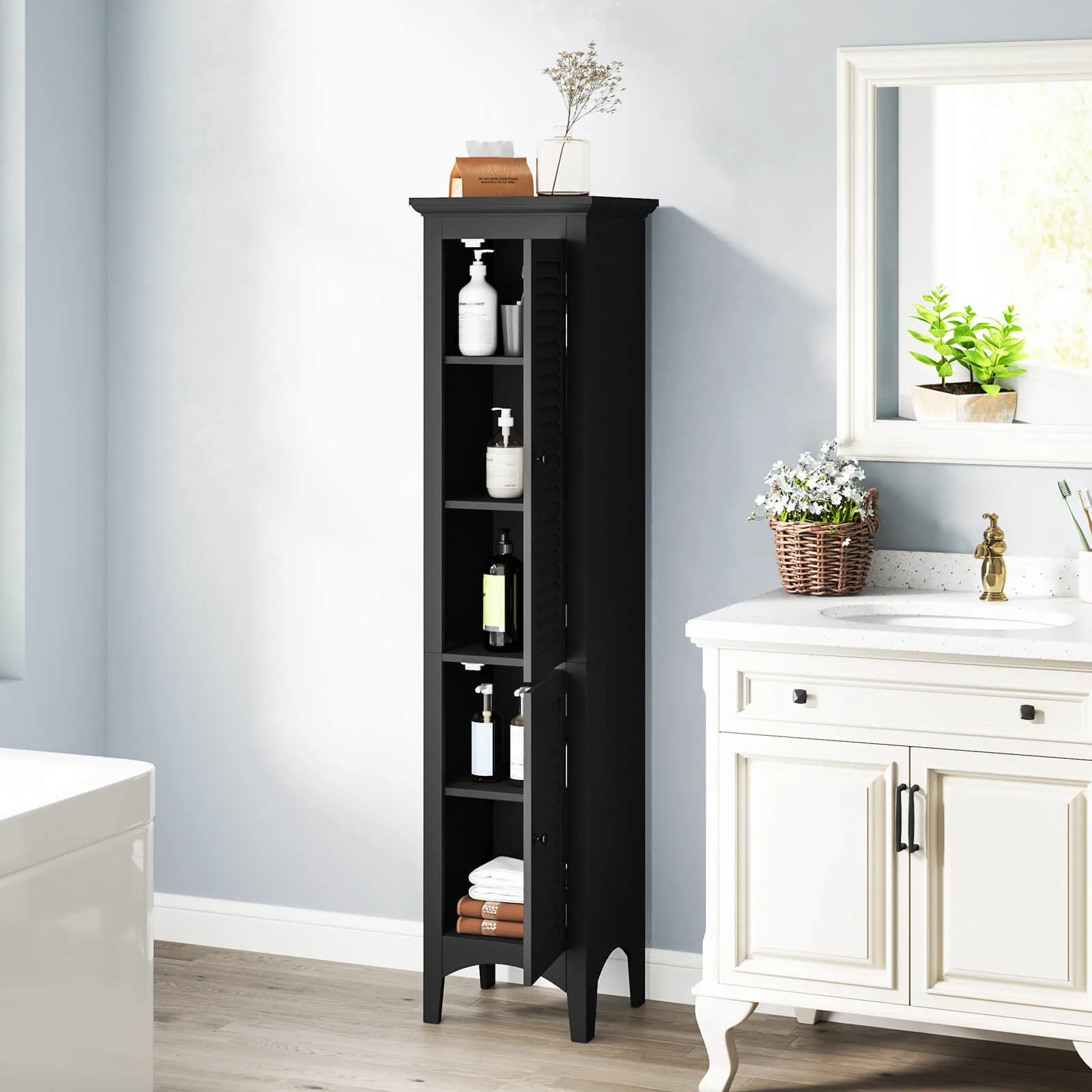 63” Tall Bathroom Cabinet w/ 2 Louvered Doors & Adjustable Shelf, Elevated Legs
63” Tall Bathroom Cabinet w/ 2 Louvered Doors & Adjustable Shelf, Elevated Legs