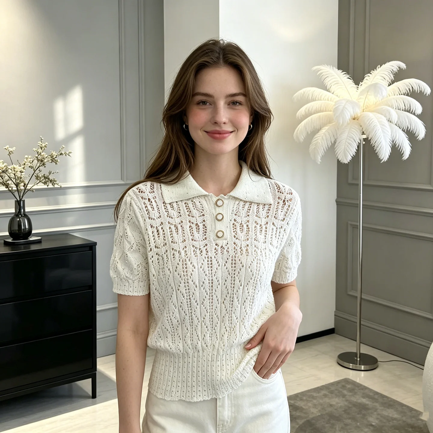 26-Year Summer Luxury Hollow-Out Knit Sweater for Women, Short-Sleeve, Turn-Down Collar, Thin Style, Commuter Style, Breathable Women's Top
26-Year Summer Luxury Hollow-Out Knit Sweater for Women, Short-Sleeve, Turn-Down Collar, Thin Style, Commuter Style, Breathable Women's Top