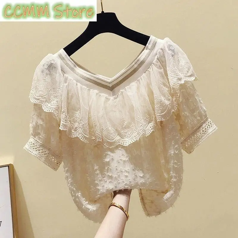 Elegant V-Neck Ruffles Lace Hollow Out Blouse Women's Clothing Summer New Oversized Casual Pullovers Office Lady Shirt
Elegant V-Neck Ruffles Lace Hollow Out Blouse Women's Clothing Summer New Oversized Casual Pullovers Office Lady Shirt