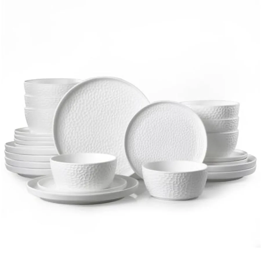 24-Piece Ceramic Dinnerware Set for 8 Matte Black or White Porcelain Plates and Bowls with Hammered Texture Microwave Dishwashe
24-Piece Ceramic Dinnerware Set for 8 Matte Black or White Porcelain Plates and Bowls with Hammered Texture Microwave Dishwashe