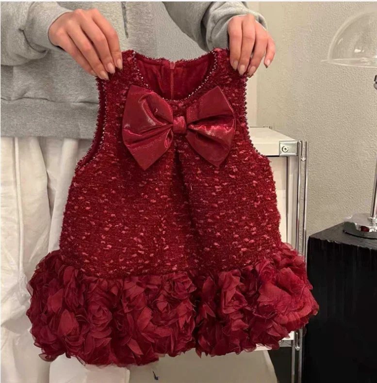 New Baby Girls Winter Wine Red Vest Bow Rose Floral Dress, Princess Kids Elegant Party Birthday Dress 2-7T
New Baby Girls Winter Wine Red Vest Bow Rose Floral Dress, Princess Kids Elegant Party Birthday Dress 2-7T
