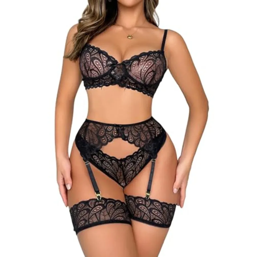 Lilosy Sexy Bow Feather Floral Lace Sheer Underwire Push Up Garter Lingerie Set
Lilosy Sexy Bow Feather Floral Lace Sheer Underwire Push Up Garter Lingerie Set