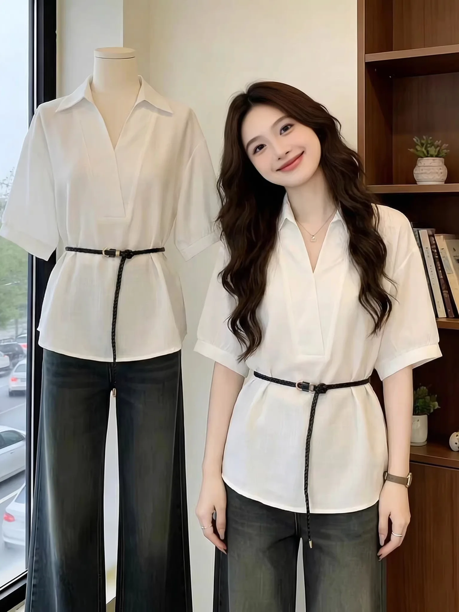 Elegant White V-Neck Short Sleeve Shirt Women's plus Size Spring Summer New Style Belted Waist in Korean Style Commute Wind
Elegant White V-Neck Short Sleeve Shirt Women's plus Size Spring Summer New Style Belted Waist in Korean Style Commute Wind