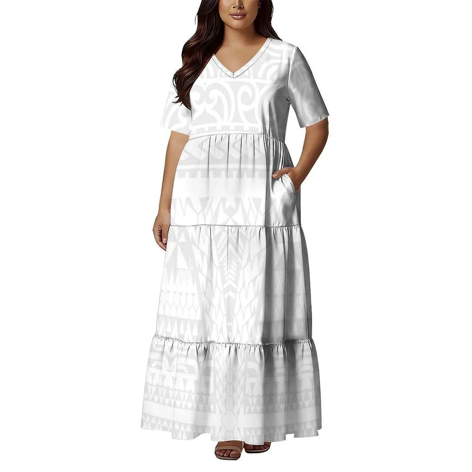 Fashionable Casual Polynesian Tribe Design Women'S Dress Samoa-Made V-Neck Pocket Design White Weekend Mother'S Day Dress
Fashionable Casual Polynesian Tribe Design Women'S Dress Samoa-Made V-Neck Pocket Design White Weekend Mother'S Day Dress