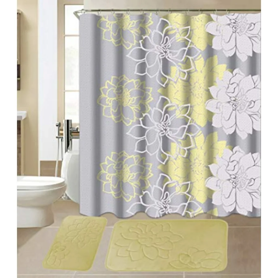 15-Piece Bathroom Set with 2 Memory Foam Bath Mats and Matching Shower Curtain Designer Patterns and Colors Flower Yellow
15-Piece Bathroom Set with 2 Memory Foam Bath Mats and Matching Shower Curtain Designer Patterns and Colors Flower Yellow