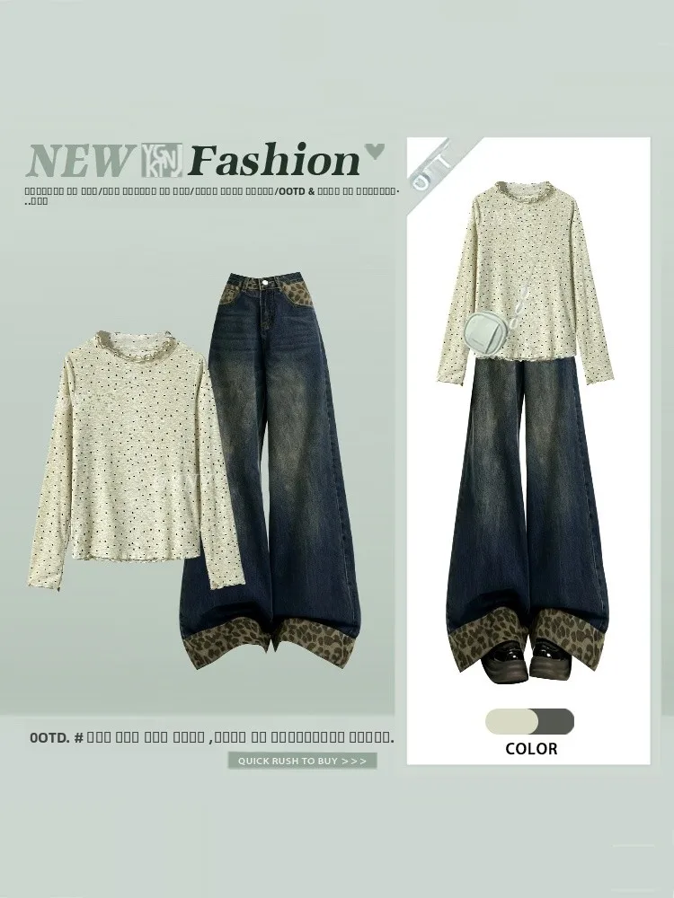Spring een Polka Dot Ruffle Ne T-irt Wide Leg Leopard Print Jeans Two Piece Set High Waist Women's Faion Ensemble
Spring een Polka Dot Ruffle Ne T-irt Wide Leg Leopard Print Jeans Two Piece Set High Waist Women's Faion Ensemble