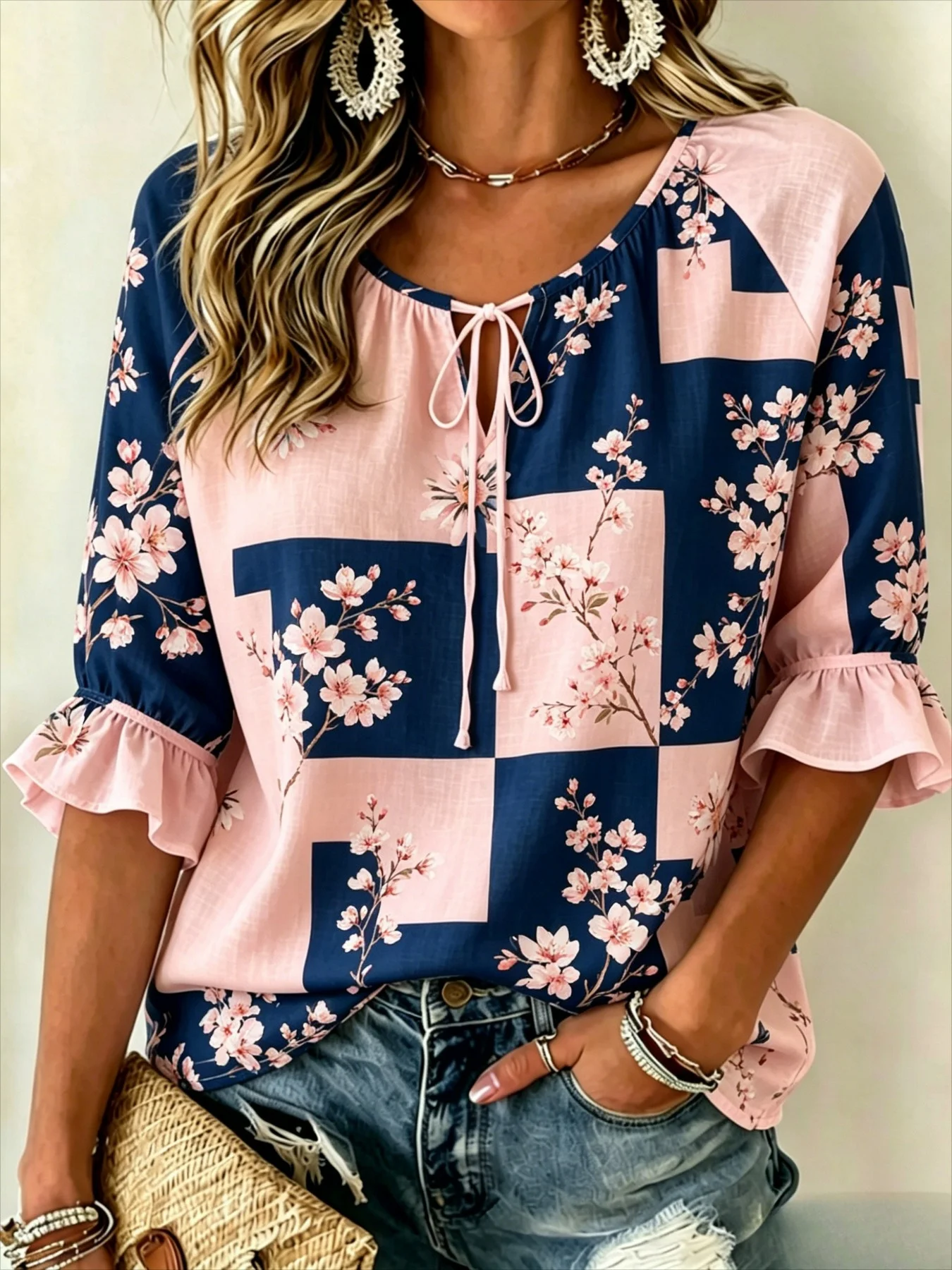 Women's Cherry Blossom Print Color Block Tie Neck Blouse, Ruffle Half Sleeve Feminine Top for Spring Summer Wear
Women's Cherry Blossom Print Color Block Tie Neck Blouse, Ruffle Half Sleeve Feminine Top for Spring Summer Wear
