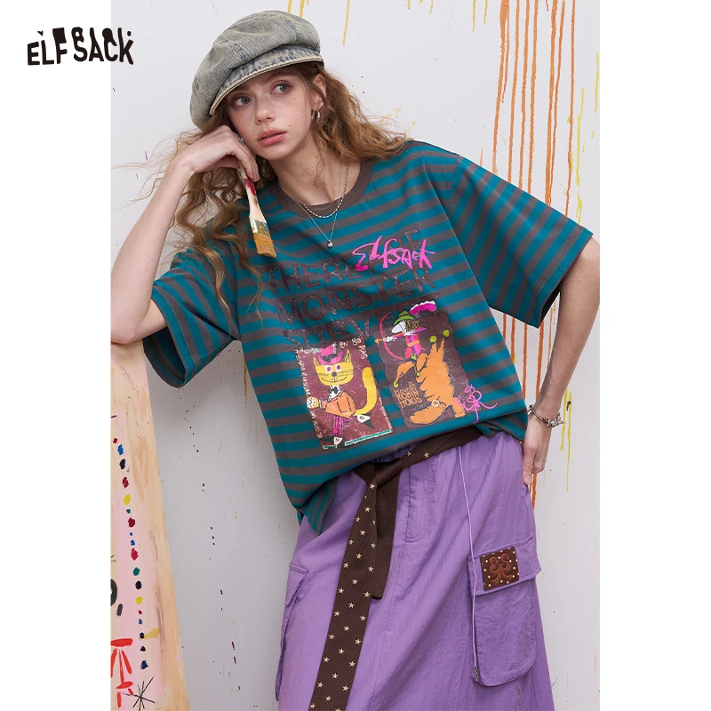 ELFSACK Striped Short Sleeve T-Shirt with Retro Novelty Print, Relaxed Colorblock Tee with Contrast Crewneck, Casual Summer Top
ELFSACK Striped Short Sleeve T-Shirt with Retro Novelty Print, Relaxed Colorblock Tee with Contrast Crewneck, Casual Summer Top