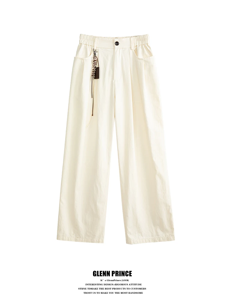 White Cotton Men's Casual Pants with Hanging Decorations Loose Wide Leg Cleanfit Versatile Long Trousers Minimalist Style
White Cotton Men's Casual Pants with Hanging Decorations Loose Wide Leg Cleanfit Versatile Long Trousers Minimalist Style