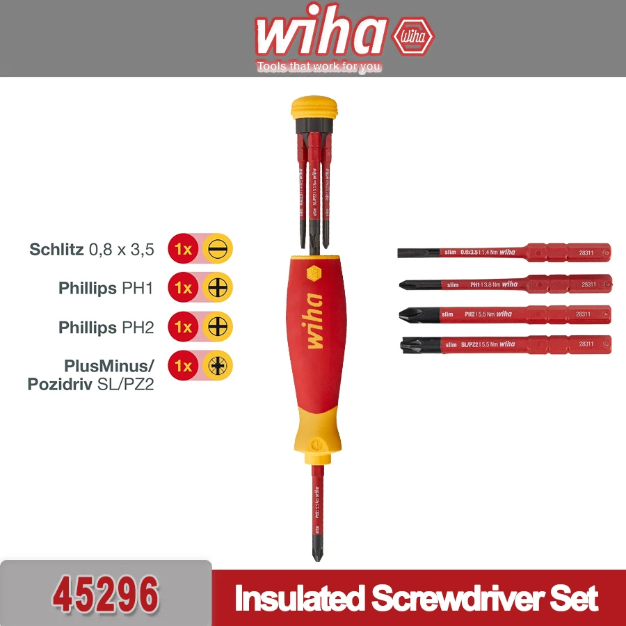 WIHA 4 in 1 Insulated Screwdriver Set with Bit Magazine 4x75 mm slimBits PocketMax 1000V Insulated Screwdrivers 45296
WIHA 4 in 1 Insulated Screwdriver Set with Bit Magazine 4x75 mm slimBits PocketMax 1000V Insulated Screwdrivers 45296