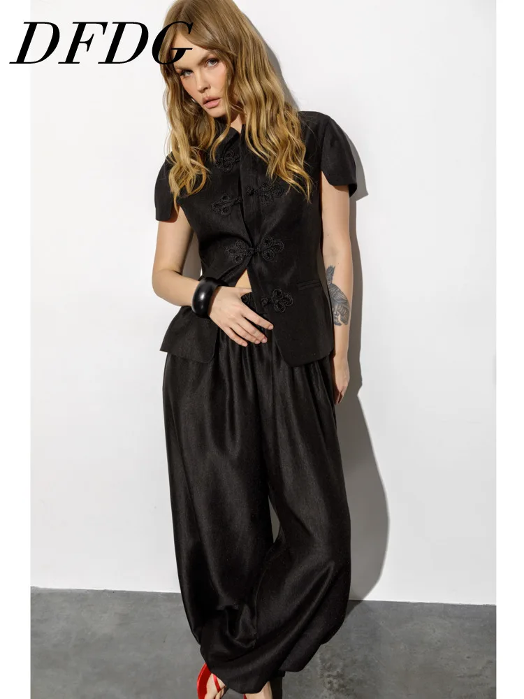 DFDG Women 2026 Spring Summer Chinese Style Frog Button Two Piece Stand Collar Short Sleeve Top High Waist Wide Leg Pants Set
DFDG Women 2026 Spring Summer Chinese Style Frog Button Two Piece Stand Collar Short Sleeve Top High Waist Wide Leg Pants Set