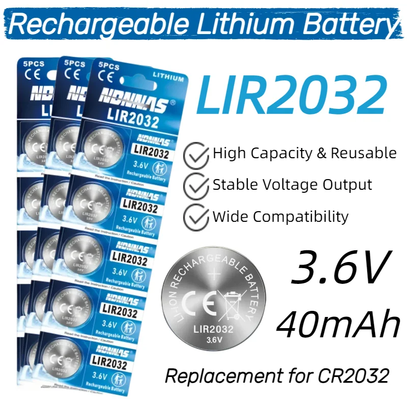 LIR2032 Rechargeable Battery 3.6V 40mAh Coin Cell Lithium Ion Battery for CR2032 Replacement - Long Cycle Life Button Battery
LIR2032 Rechargeable Battery 3.6V 40mAh Coin Cell Lithium Ion Battery for CR2032 Replacement - Long Cycle Life Button Battery