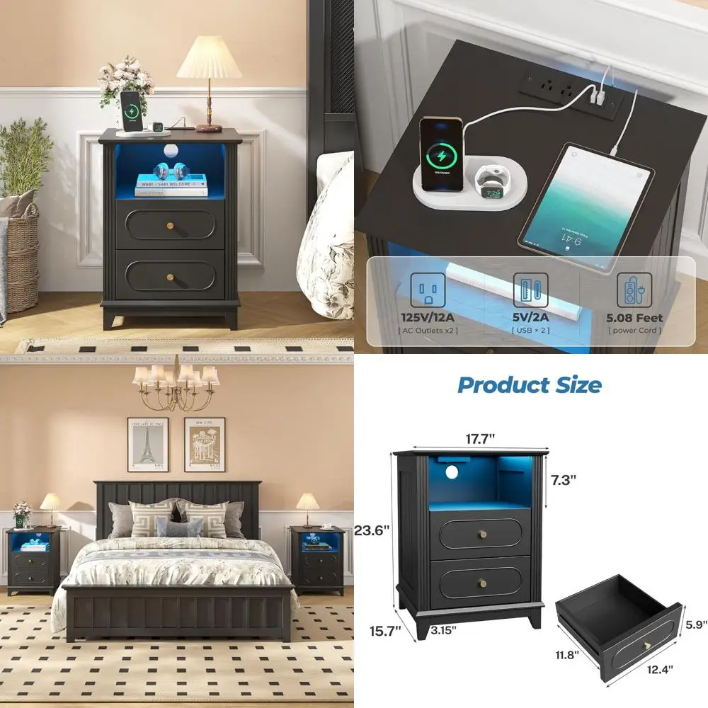 charging station nightstand, 17.7" wide led-lit bedroom end table with 2 drawers and storage shelf
charging station nightstand, 17.7" wide led-lit bedroom end table with 2 drawers and storage shelf