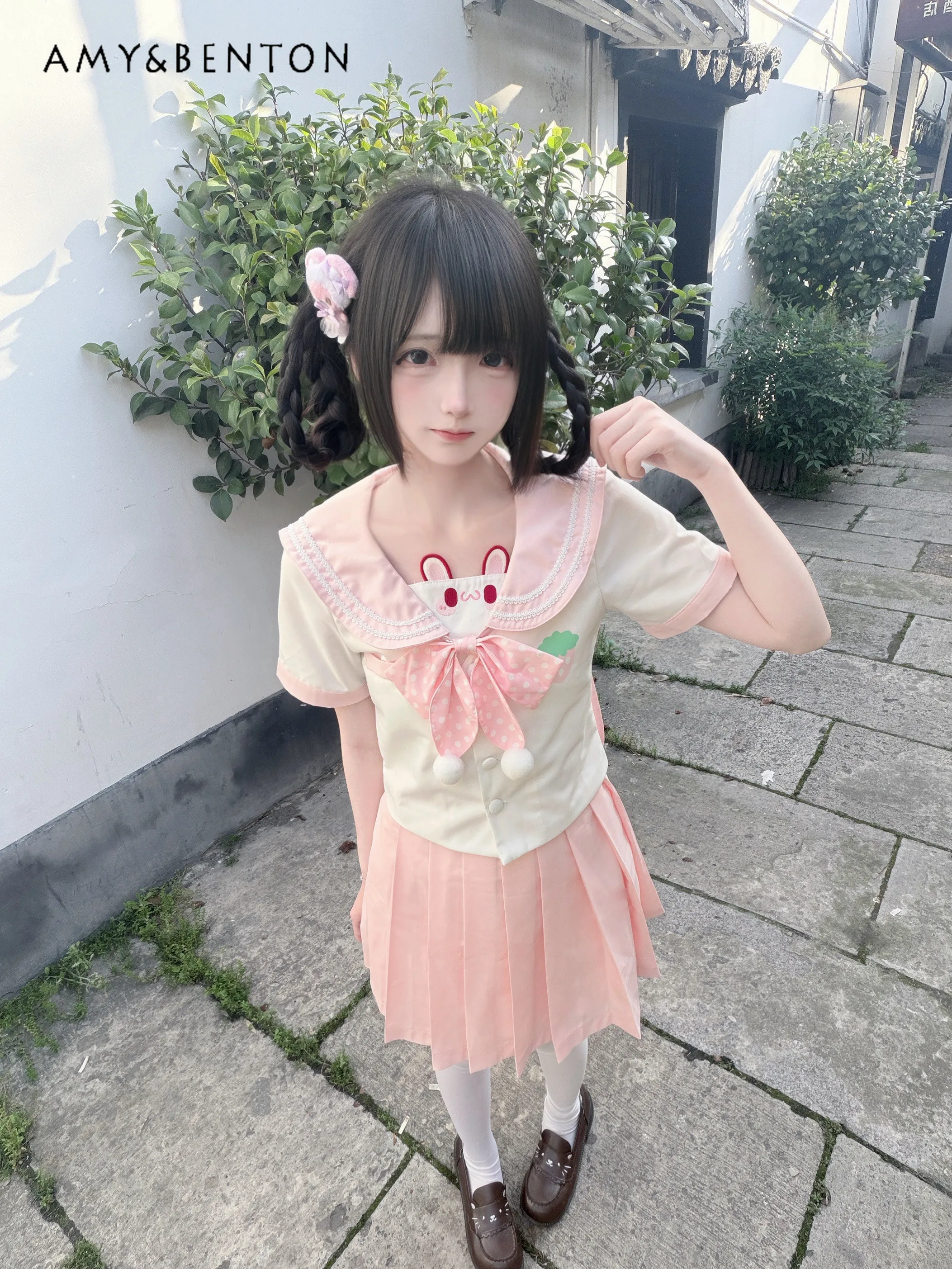 Cartoon Print Pink Jk Uniform Suit Cute Rabbit Ear Polka Dot Print Navy Collar Short-sleeved Shirt Pleated Skirt Two-piece Set
Cartoon Print Pink Jk Uniform Suit Cute Rabbit Ear Polka Dot Print Navy Collar Short-sleeved Shirt Pleated Skirt Two-piece Set
