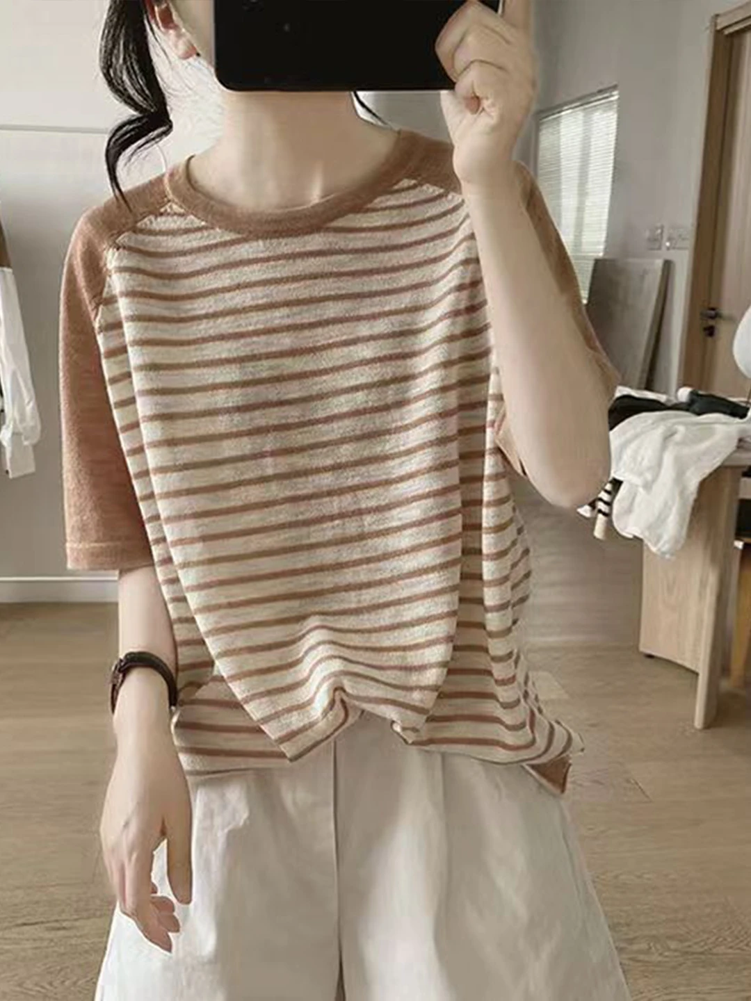 Slimming Effect Basic round Neck Striped Women's T-Shirt Thin Knitted Summer New Arrival Loose Fit Base Shirt Soft Polyester
Slimming Effect Basic round Neck Striped Women's T-Shirt Thin Knitted Summer New Arrival Loose Fit Base Shirt Soft Polyester